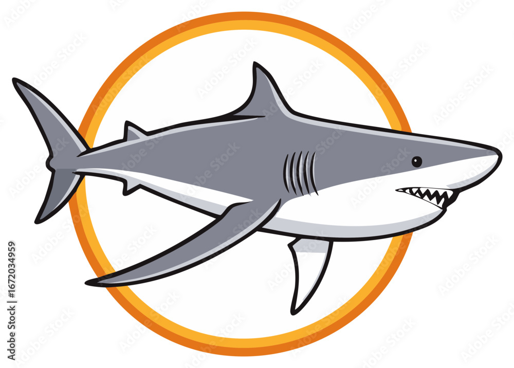 Fototapeta premium Bold cartoon great white shark swimming vector illustration within a bright orange circular border