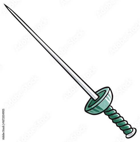 Illustration of a Fencing Foil with Silver Blade and Green Handle and Guard Viewed at an Angle on a White Background