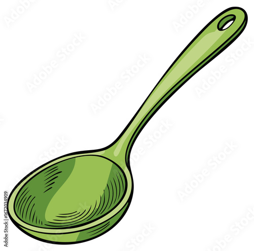 Bright green spoon with a hole in the handle isolated on white