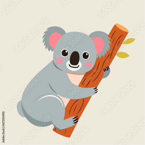 Adorable cartoon koala bear clinging happily to a tree branch.
