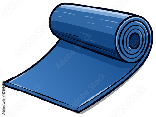 Blue rolled up yoga mat for fitness and exercise cartoon illustration