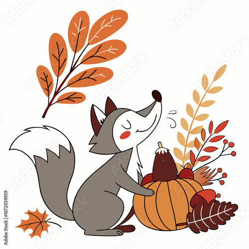 Cute SVG of a Silly Wolf in Harvest Blessings colors, featuring with a giant leaf in a Thanksgiving setting