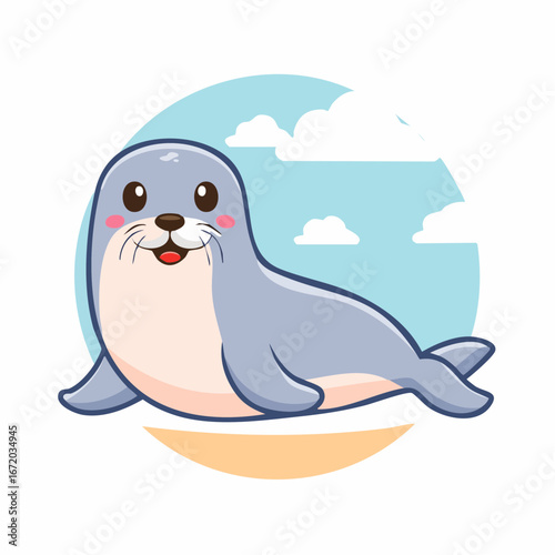 A cute cartoon seal smiling happily on a sandy beach with a blue sky and clouds in the background.