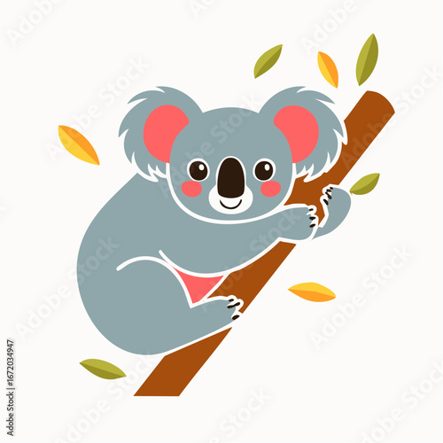 A cute cartoon koala smiling and clinging to a tree branch surrounded by colorful falling leaves.