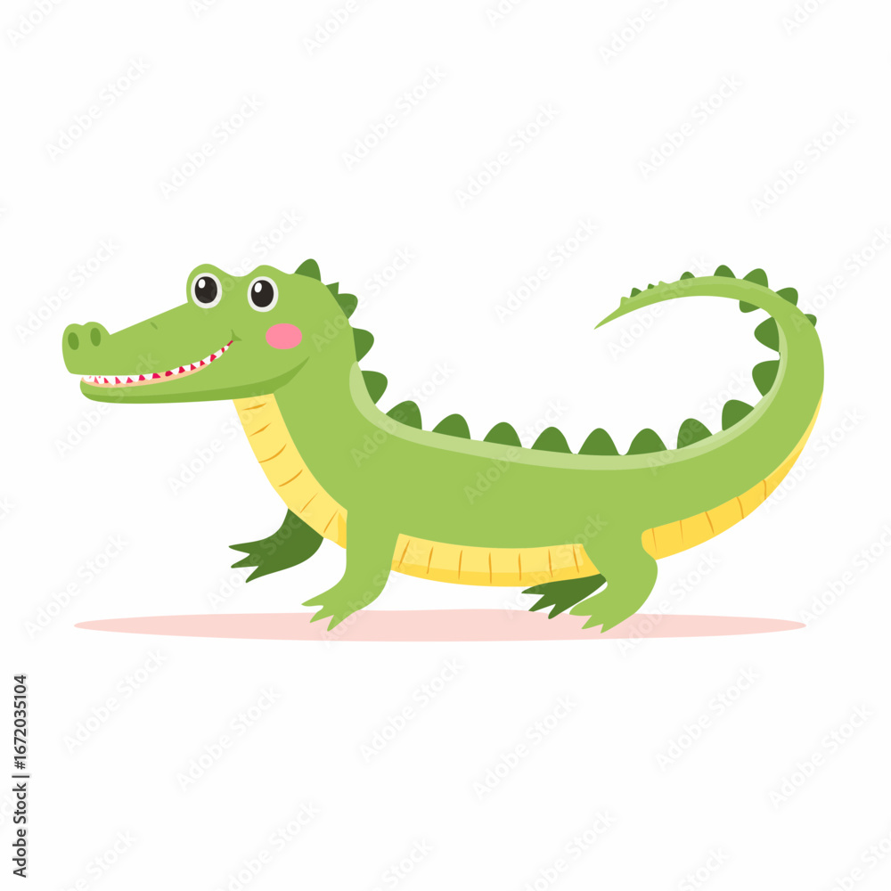 Fototapeta premium A cute green cartoon alligator with a happy smile and sharp teeth walking on a white background.