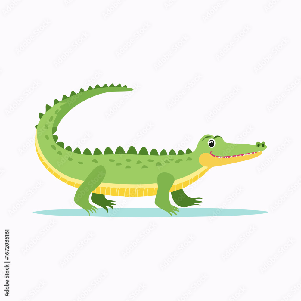 Fototapeta premium Cartoon illustration of a green crocodile walking with a happy expression, smiling with its teeth.