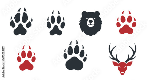 A vector illustration of a seamless black and white animal paw print pattern with cute cartoon bear and panda icons