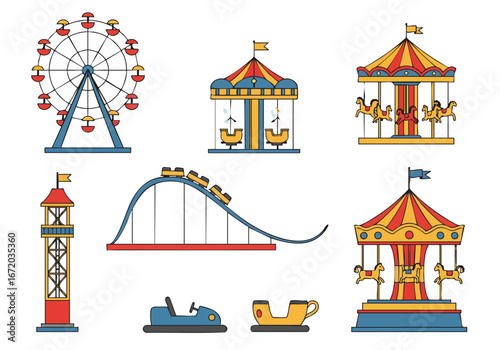 Colorful cartoon amusement park rides vector illustration set, featuring Ferris wheel, carousels, roller coaster, bumper cars, and a drop tower.