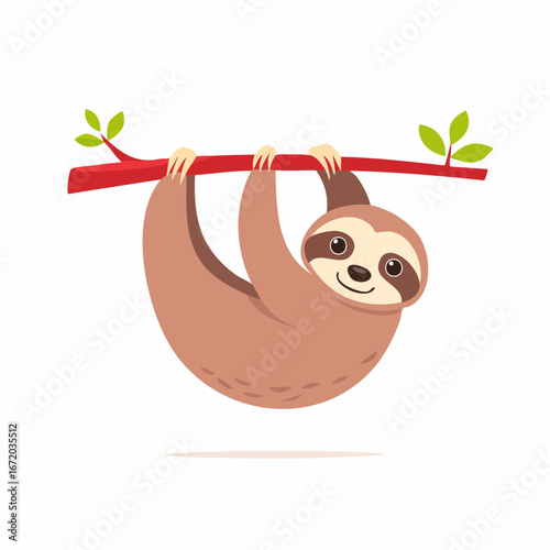 Cartoon sloth hanging upside down from a branch, cheerful expression.
