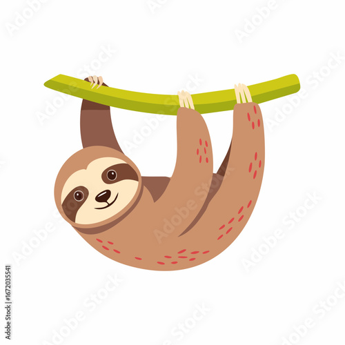 Cartoon sloth hanging upside down from a branch, cheerful expression.