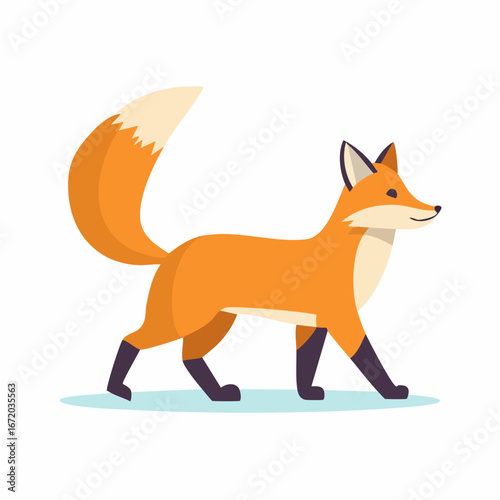 A cheerful red fox strolls, its bushy tail held high, against a white background.