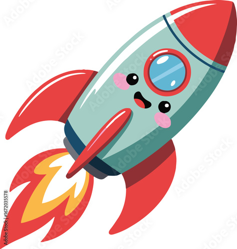 A cartoon rocket ship with a cute face and flames shooting out from the bottom on white background