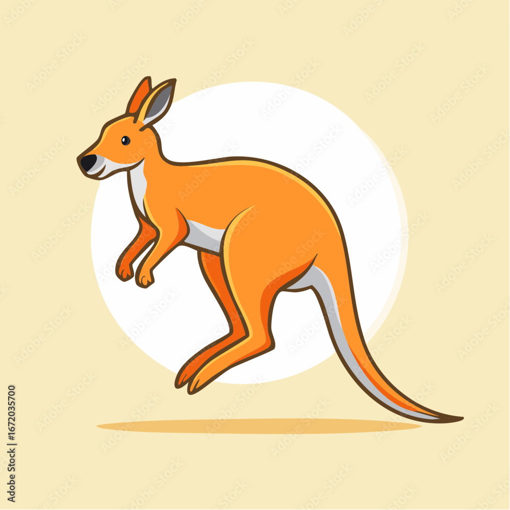 Fototapeta premium A cheerful orange kangaroo leaps gracefully against a pale background.