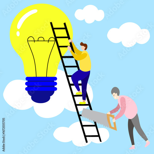 person climbing a ladder to reach a light bulb while another person cuts the ladder leg