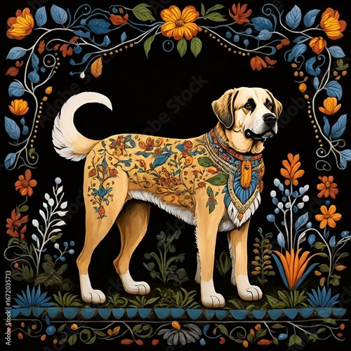 Anatolian Shepherd Dog in Floral Frame - A Colorful Folk Art Portrait.