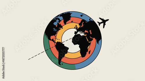 An illustration of a world globe with concentric circles and an airplane flying across it in black