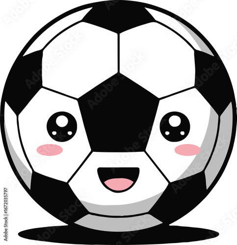 A cartoon soccer ball with a cute face and pink cheeks isolated on a white background with a shadow