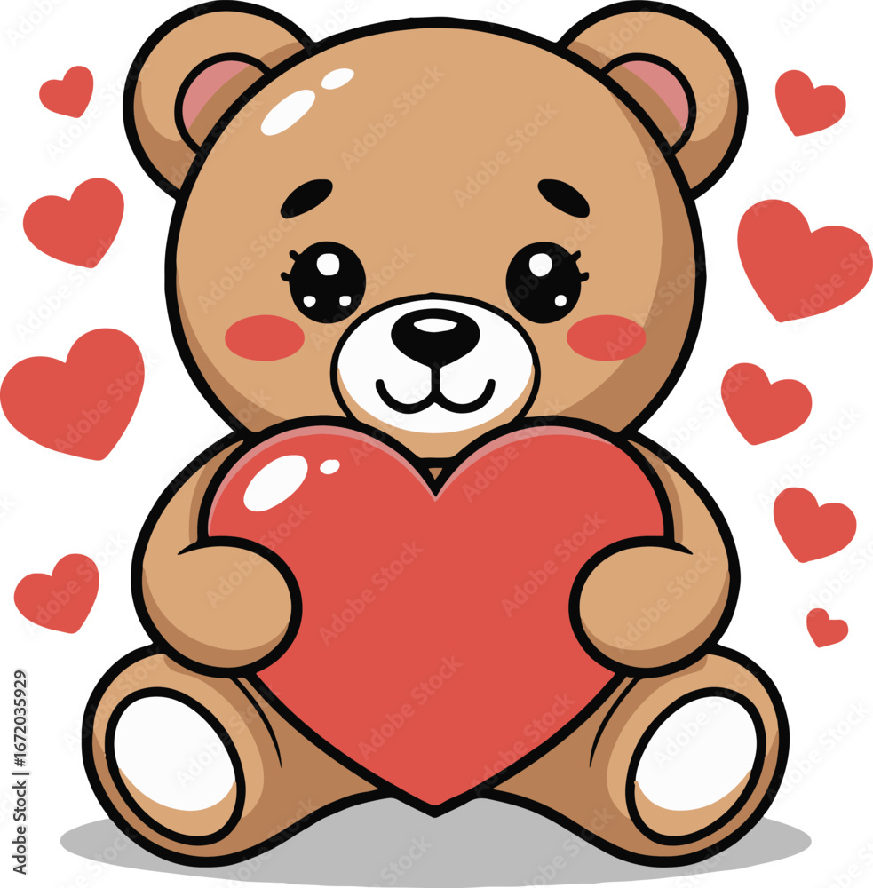 Fototapeta premium Cute cartoon teddy bear holding a red heart surrounded by floating hearts on a white background image