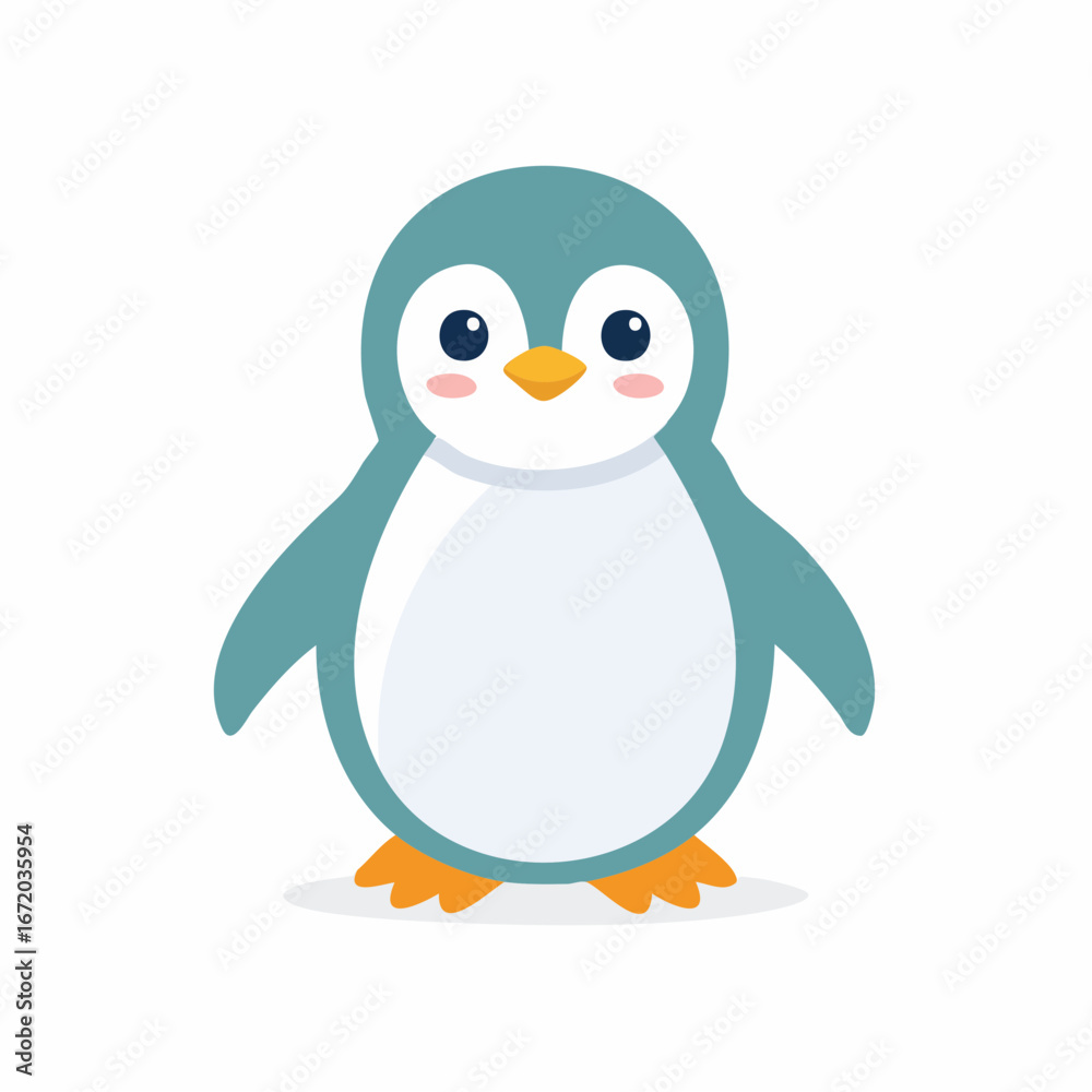 Fototapeta premium A cute, cartoonish penguin with teal and white plumage stands facing forward with its flippers outstretched slightly.