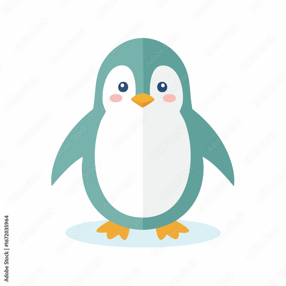Obraz premium A cute cartoon penguin with a teal back and white belly stands on a small ice patch.