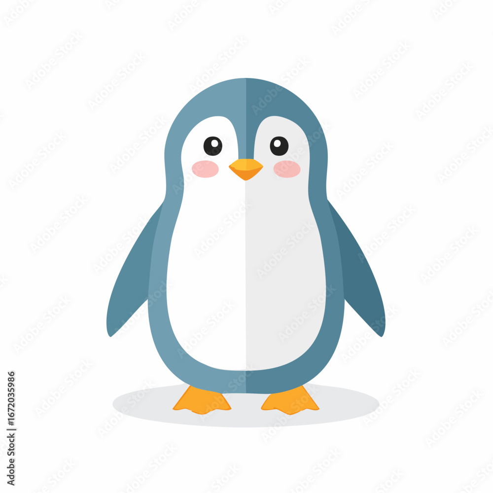 Obraz premium Adorable cartoon penguin with blue and white plumage, orange beak and feet, and rosy cheeks, standing against a white background.