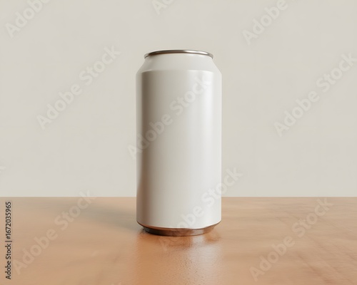 Photorealistic 3 D Render of a Blank White Beverage Can on a Wooden Surface drink can soda can