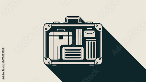 A stylized illustration of a suitcase filled with various luggage and travel accessories inside it shown