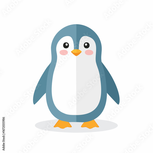 Adorable cartoon penguin with blue and white plumage, orange beak and feet, and rosy cheeks, standing against a white background.