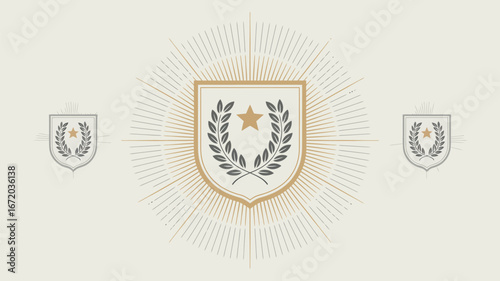 Three shields with laurel wreaths and stars against a light background with radiating lines design