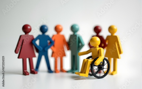 diversity and inclusion concept with wooden people figures of different color including wheelchair user. High quality