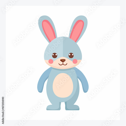 A cute, stylized cartoon illustration of a friendly blue bunny rabbit standing upright with its ears perked and a cheerful expression.