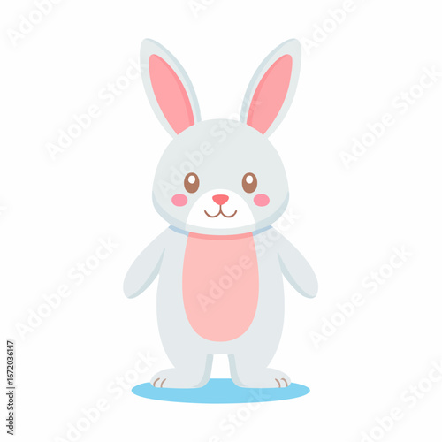 A cute, cartoonish illustration of a fluffy white bunny with pink inner ears and a pink belly, standing on a light blue surface against a white background.