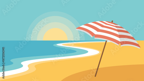 A serene beach scene with a striped umbrella, gentle waves, and a radiant sun setting over the horizon