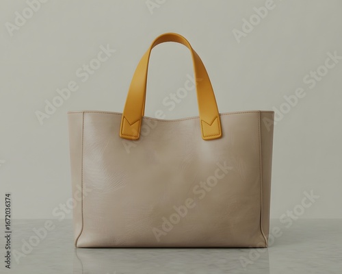 Photorealistic Rendering of a Beige Tote Bag with Yellow Handles on a Marble Surface leather
