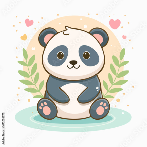 Sweet cartoon baby panda character sitting happily amidst gentle green leaves and floating pink hearts.