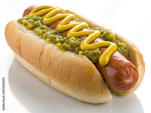 Photorealistic hot dog with relish and yellow mustard on a white background image