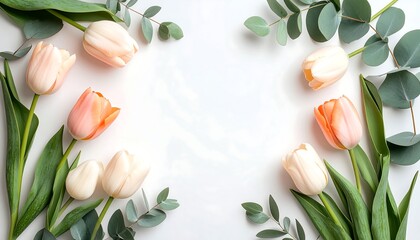 Peach tulips with eucalyptus frame.
