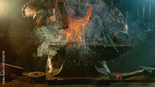 Foto The blacksmith manually forging the molten metal on the anvil in smithy with spa