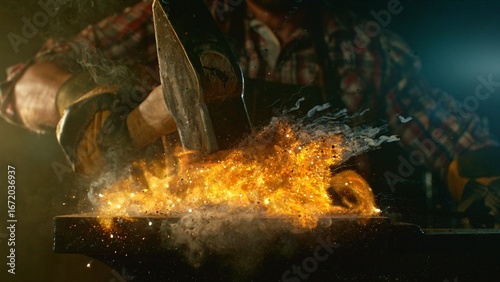 The blacksmith manually forging the molten metal on the anvil in smithy with spark fireworks