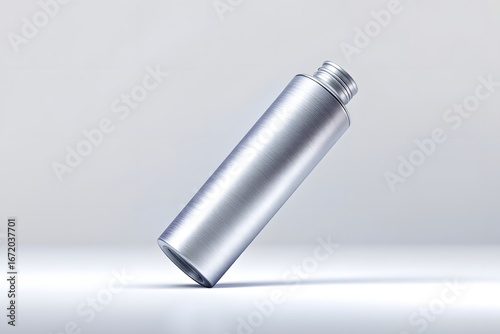 Sleek brushed aluminum cylindrical bottle with threaded cap on a light gray studio background container