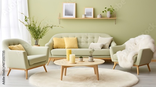 Wallpaper Mural Scandinavian-style living room with light sage green walls, a pale sunflower-yellow fabric loveseat, a light wooden coffee table, and a soft white faux fur rug. Torontodigital.ca