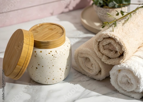 Speckled ceramic jar with bamboo lid next to rolled beige and white towels on marble surface beige towel