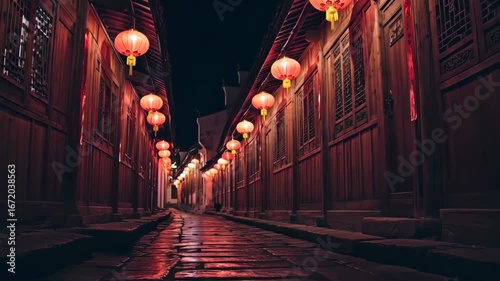 A Nighttime Alleyway, Illuminated by Red Lanterns