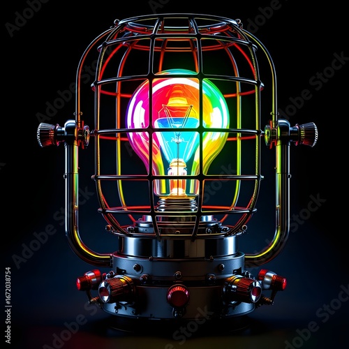 Steampunk industrial lamp with a glowing rainbow light bulb inside a protective cage colorful