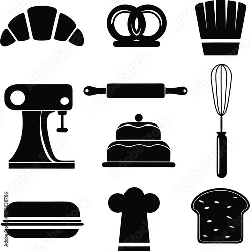 Bakery and Patisserie Icons Set with Baking Tools and Desserts Vector