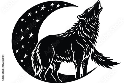Majestic wolf howling at the starry crescent moon in a powerful silhouette silhouette