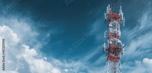 Telecommunication Tower Stands Tall Under Cloudy Sky, Transmitting Signals