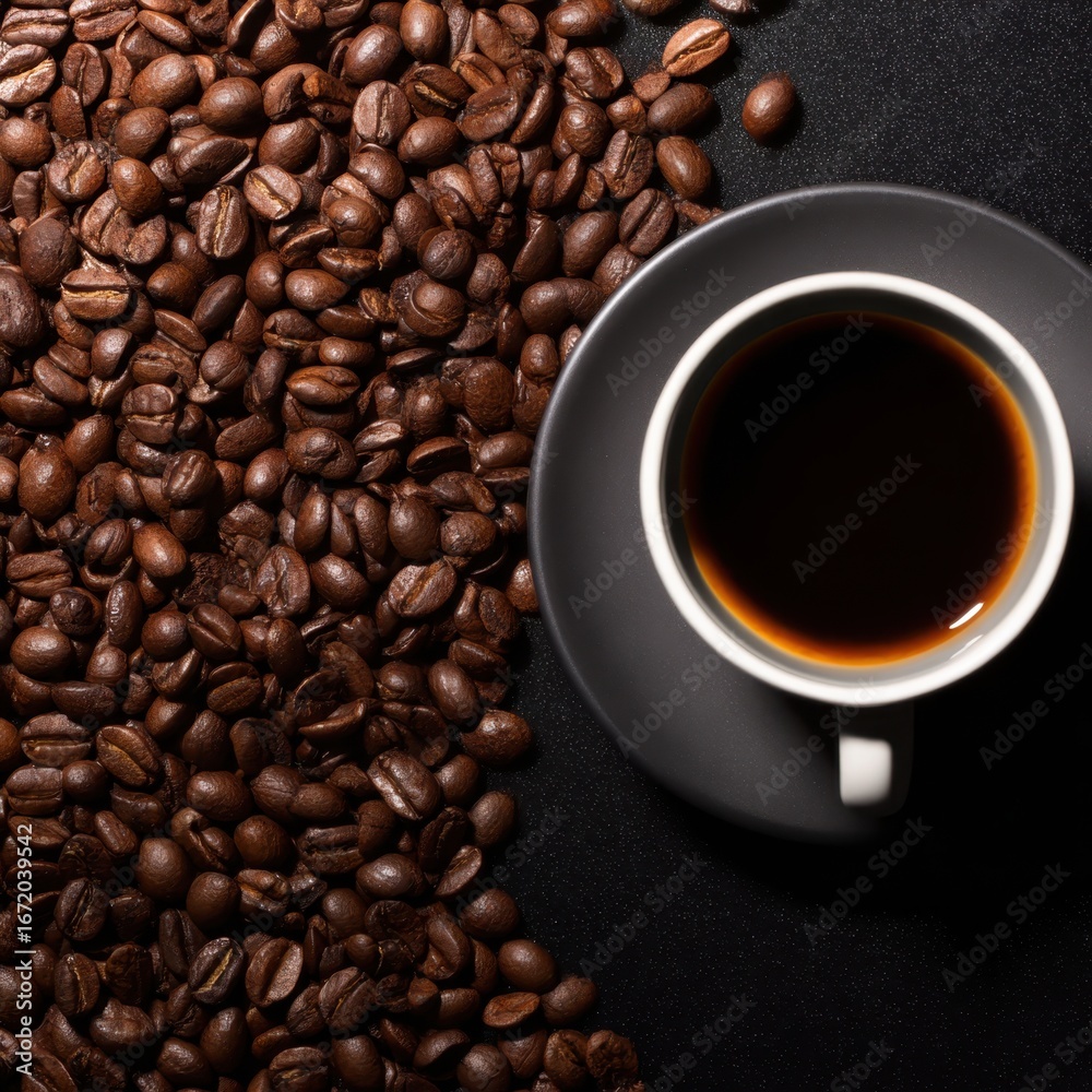 Fototapeta premium Aromatic Coffee Beans Surrounding Fresh Brewed Coffee Cup