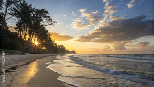 Sunburst through pine trees on a sandy beach at sunset with gentle waves ocean