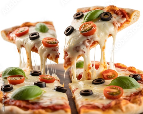 Three slices of pizza with melting cheese tomatoes olives and basil melted cheese mozzarella